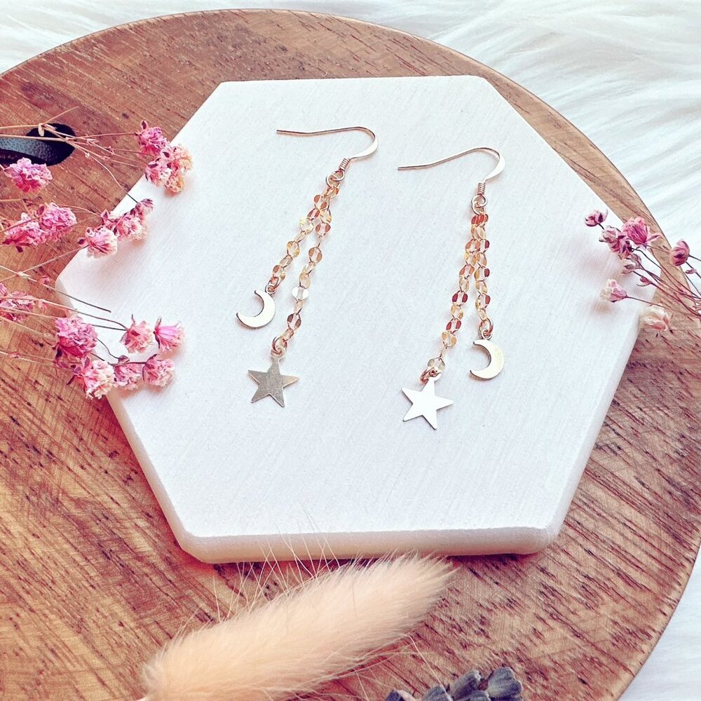 14k Gold Filled Chain Drop Earrings with Moon and Star Charms | Handmade in BC